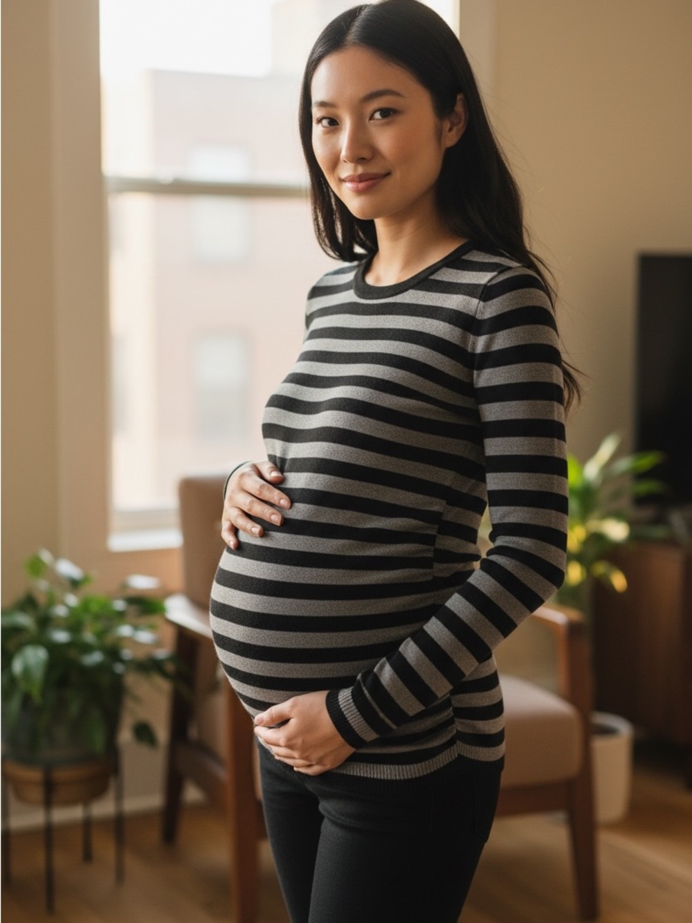 Motherhood Maternity Black and Gray Striped Long-Sleeve Maternity Top